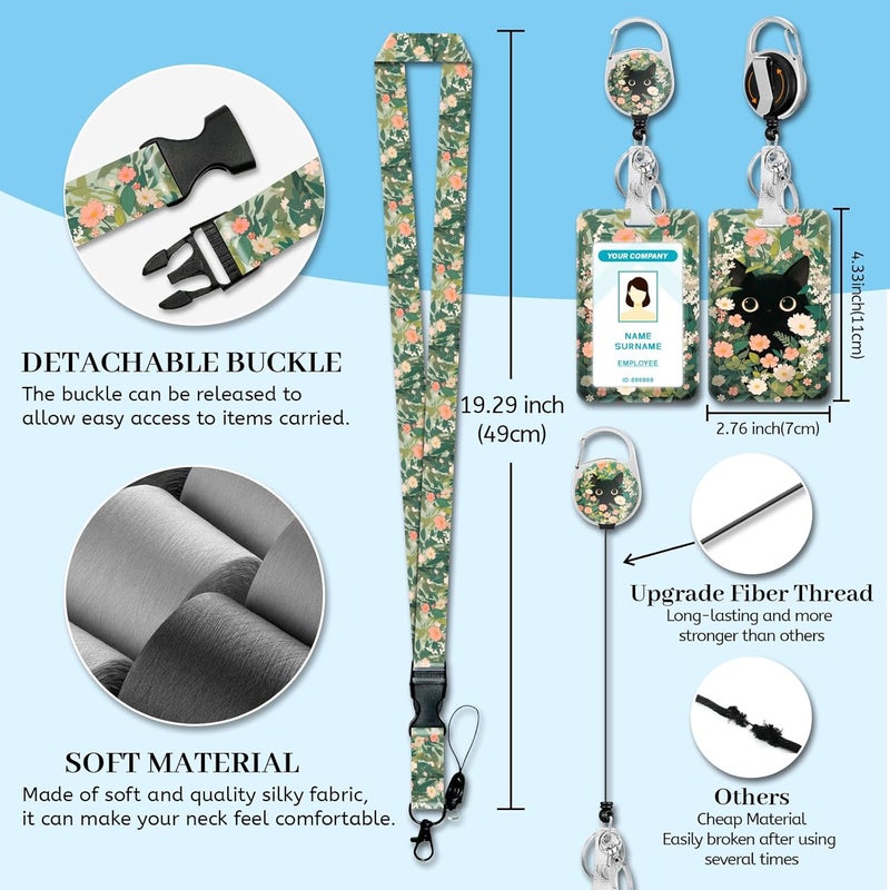 Hancynir Lanyards for Id Badges, Cat Flower Floral Badge Holder with Retractable Reel Clip, Cute Work Name Tags Keychain Lanyard ID Card Protector Cover Case for Women Teacher Nurse Doctor Office - Image 4